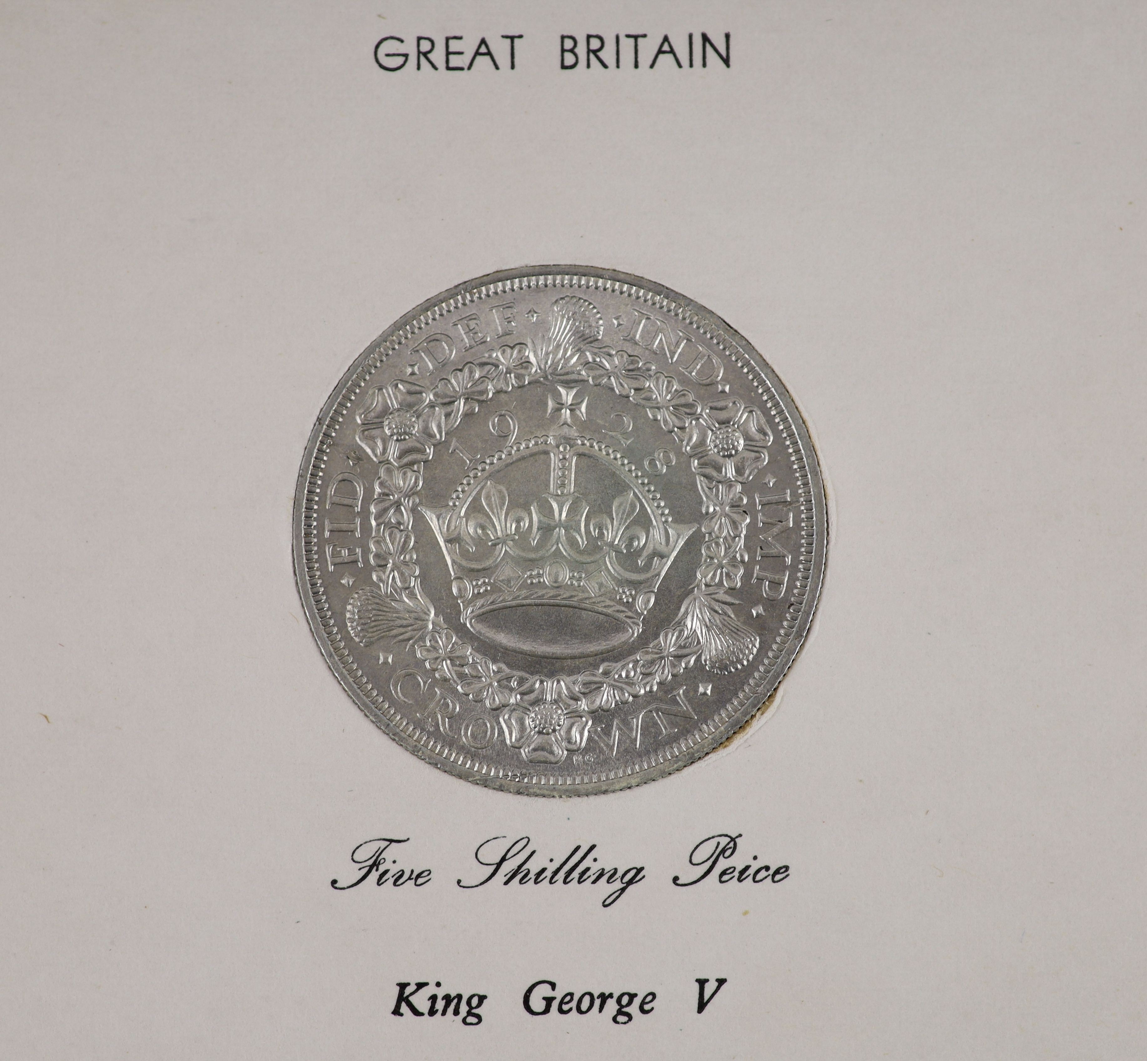 A George V specimen set of nine coins, 1928, fourth coinage, comprising Crown, 1928 (S 4036), cleaned, obv. edge nick at 12, otherwise EF, halfcrown to threepence, cleaned otherwise near EF, penny to farthing, toned and